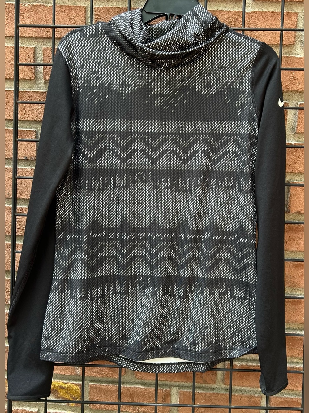 Nike Pro Black and Gray Knit-Pattern Hooded Dri Fit Long Sleeve Top